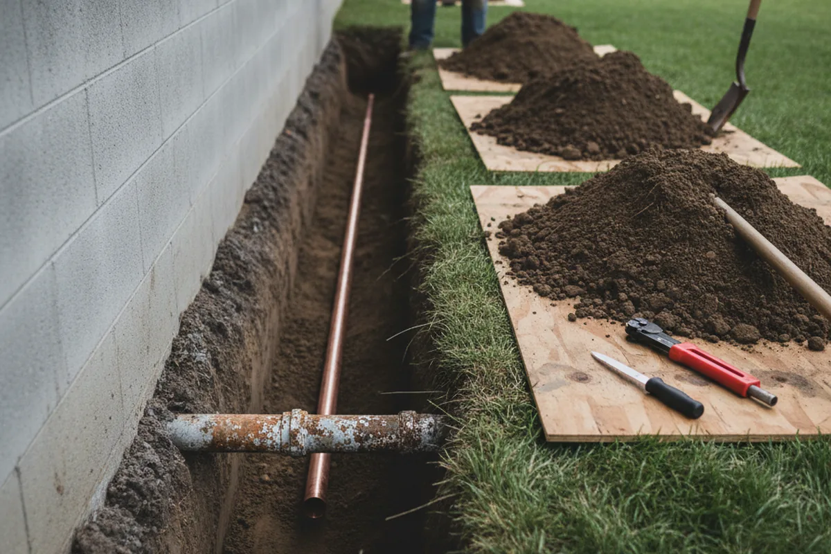 Excavated water line trench during Water Heater Repair in Berwyn